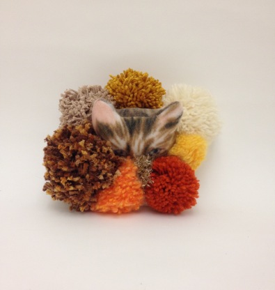 SOLD! Pom Pom Cat George - 6" x 6", fabric and yarn on canvas, 2015